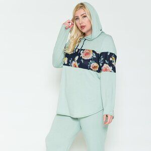 Plus Size Sage Floral Detail Printed Hoodie & Pants Sets